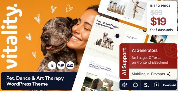 Vitality: Tema WordPress ideal para terapia con mascotas, danza y arte
